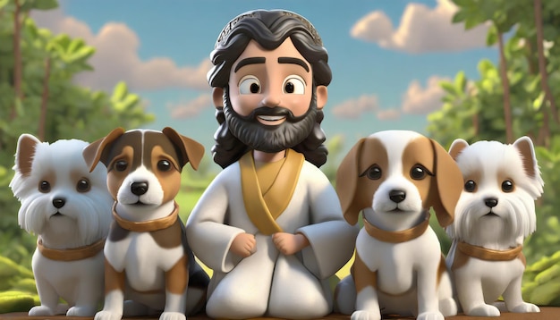 Medium shot cartoony jesus umgeben kleiner hund hand und hintergrund tier