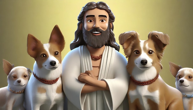 Medium shot cartoony jesus umgeben kleiner hund hand und hintergrund tier