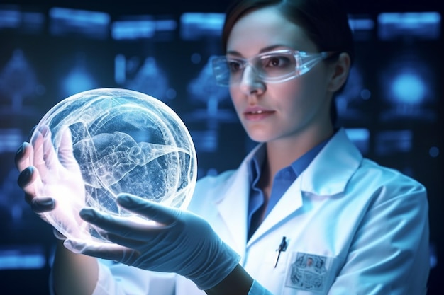 Medizin in der Zukunft Nanotechnologie Hologramm Innovation Gentechnik Operierender Arzt Anatomie auf Roboterchirurgie Maschine virtuelle Schnittstelle Roboterchirurgie ist Präzision