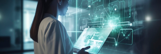 Medizinarzt berührt elektronische Krankenakte auf Tablet-DNA. Digitale Gesundheitsversorgung und Netzwerkverbindung auf Hologramm. Moderne virtuelle Bildschirmschnittstelle generiert KI
