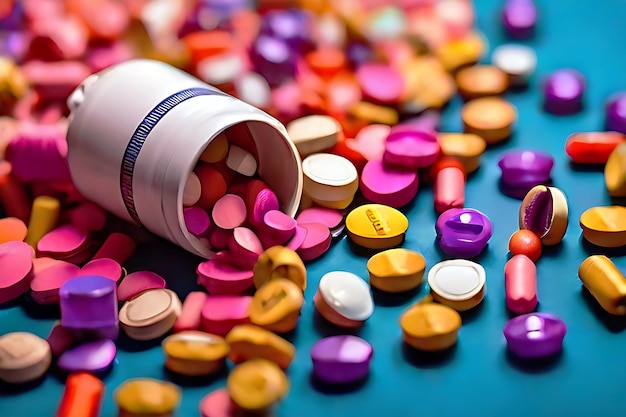 Medizinbehälter verschüttet farbenfrohe Pillen Hintergrundgenerative KI