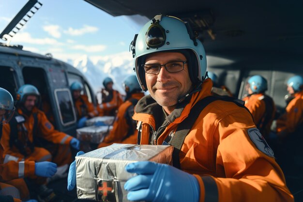 Mediziner in einer orangefarbenen Jacke hält eine Kühlbox mit Organen in einem medizinischen Notfall