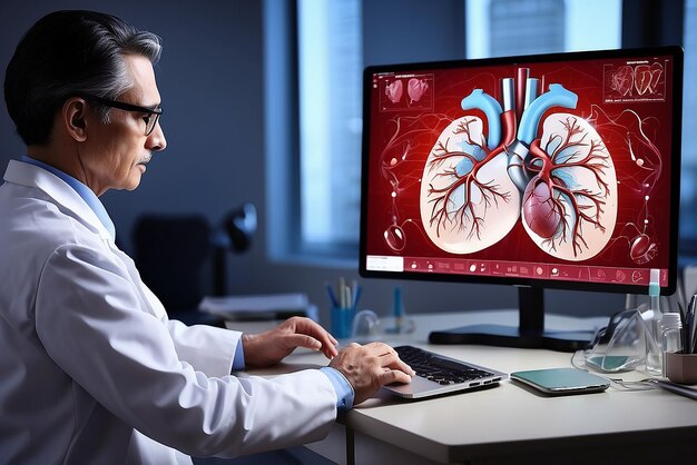 Mediziner-Kardiologe diagnostiziert und untersucht das virtuelle Herz des Patienten mit intelligenter Software