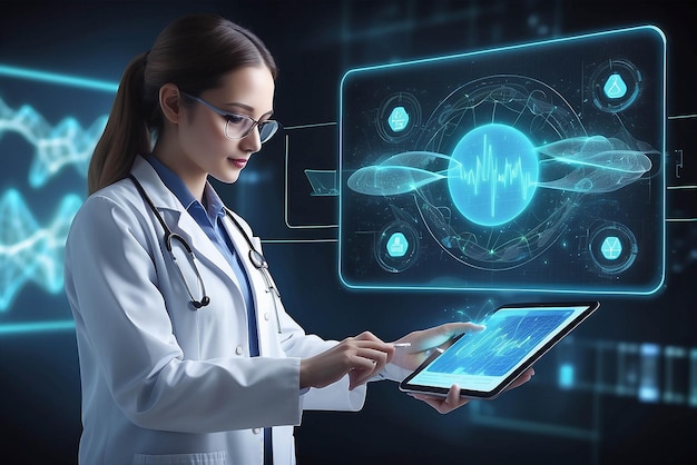 Mediziner mit elektronischer Krankenakten auf Tabletten DNA Digitale Gesundheitsversorgung und Netzwerkverbindung auf Hologramm-Schnittstelle Wissenschaft und innovative medizinische Technologie und Netzwerkkonzept