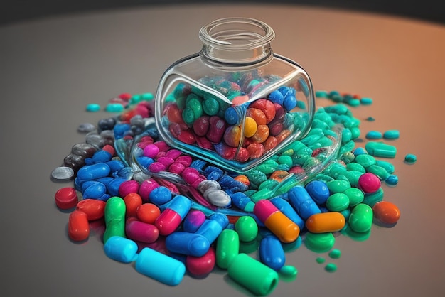 Foto medizinflasche, die farbenfrohe pillen verschüttet, die suchtrisiken darstellen, generative ki