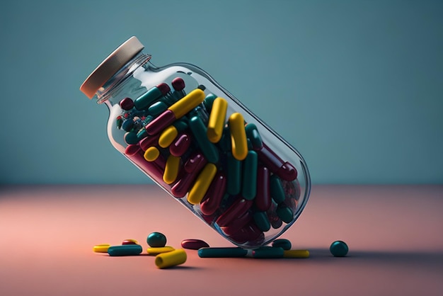 Medizinflasche, die farbenfrohe Pillen verschüttet, die Suchtrisiken darstellen, generative KI