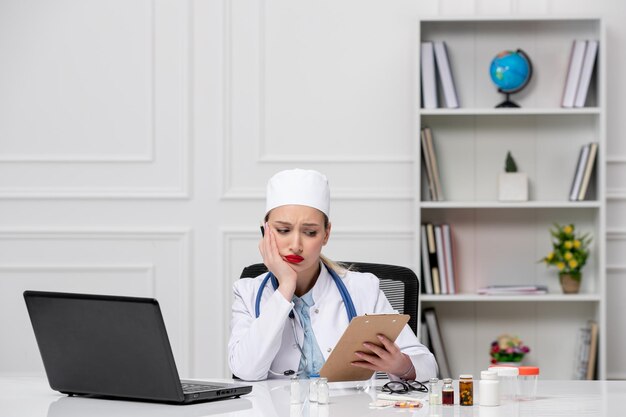 Medizinische blonde junge Ärztin in weißem Laborkittel und Hut mit Computerlesenotizen müde
