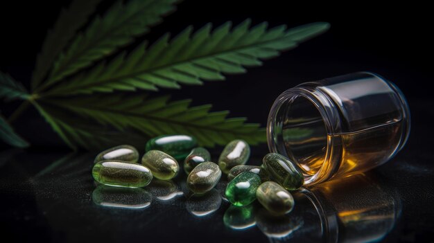 Medizinische CBD-Pillen neben einem erzeugten Cannabisblatt