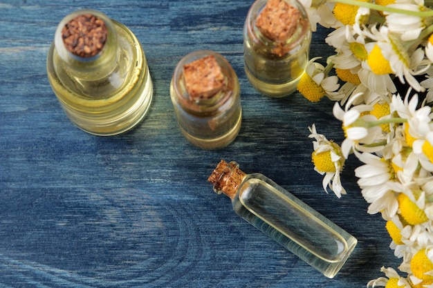 Medizinische Kamille und Kamillenextrakt in einer Flasche Öl aus Kamillenblüten Aromatherapie ein Medikament auf einem blauen Holztisch Draufsicht Platz für Text