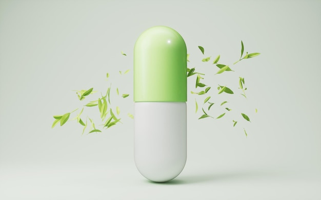 Medizinische Kapsel und grüne Blätter 3D-Rendering