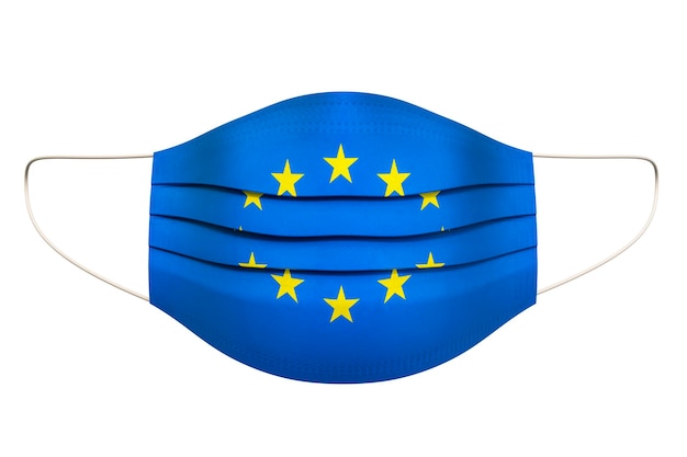 Medizinische Maske mit 3D-Rendering der europäischen Flagge auf weißem Hintergrund