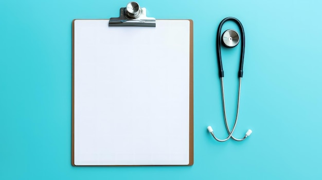 Foto medizinische schreibtafel und stethoskop auf blauem tischhintergrund top-ansicht gesundheitswesen und medizin konzeptgenerative ki