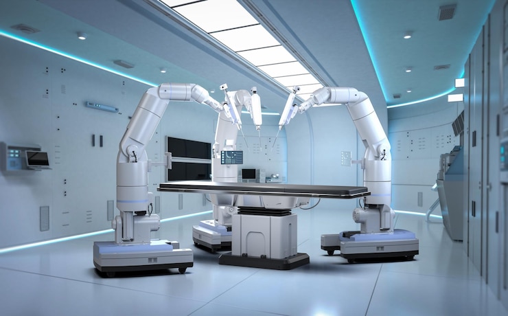 Foto medizinische technologie mit 3d-rendering, robotergestützte chirurgie im operationssaal