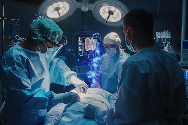 Medizinische Technologie Netzwerk Chirurgen Arzt Analyse elektronische Krankenakten auf Hologramm mit Roboter