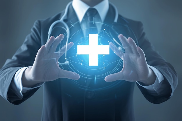 Medizinische Zusammenarbeit Geschäftsmann hält positives virtuelles medizinisches Netzwerk-Verbindungs-Symbol