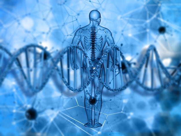 Medizinischer Hintergrund 3D mit männlicher Figur und DNA-Strang