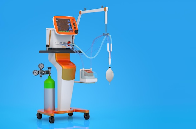 Medizinisches Beatmungsgerät auf blauem Hintergrund 3D-Rendering
