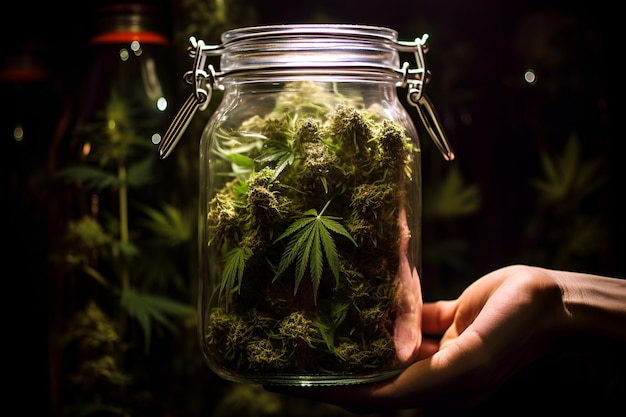 Medizinisches Cannabis-Konzept, große transparente Gläser voller trockener und getrimmter Cannabisknospen, cbg, cbd, Unkraut