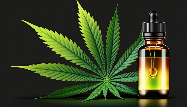 Medizinisches Cannabis mit Extraktöl in einer Flasche auf dunklem Hintergrund Generative KI