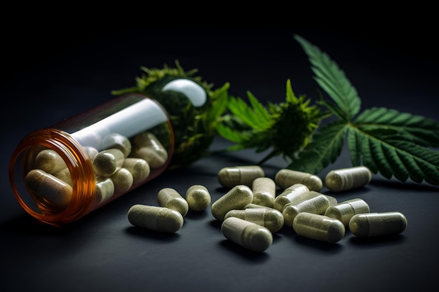 medizinisches Cannabis und Pillen auf einem Tisch in der Nähe von generativer KI