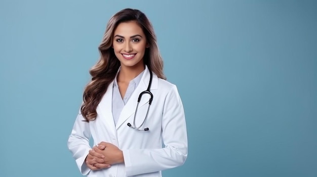 Medizinisches Konzept der indischen schönen weiblichen Ärztin in weißem Mantel mit Stethoskop Taille hoch medizinische