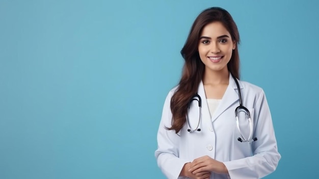 medizinisches Konzept der indischen schönen weiblichen Ärztin in weißem Mantel mit Stethoskop Taille hoch medizinische
