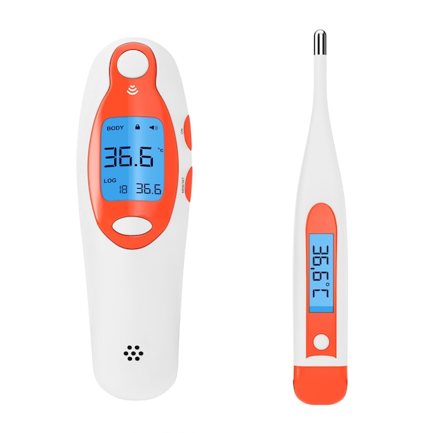 Medizinisches Ohr-Infrarot-Digital-Thermometer mit elektronischem modernen Thermometer auf einem weißen Hintergrund. 3D-Rendering.