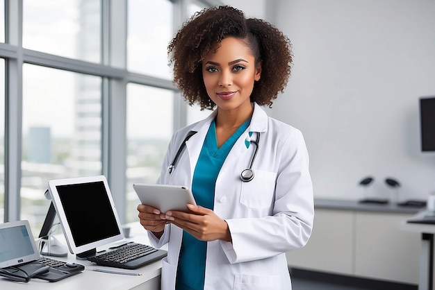 Medizinisches Porträt des Krankenhauses Selbstbewusste afroamerikanische Ärztin mit digitalem Tablet-Computer Gesundheitsversorgung Schwarzer Arzt in weißem Laborkleid verschreibt Medizin, die Leben retten kann
