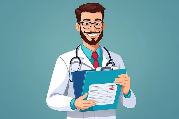 Medizinisches Rezept flaches Banner eines Arztes mit Apothekendokument und lächelndem Gesicht