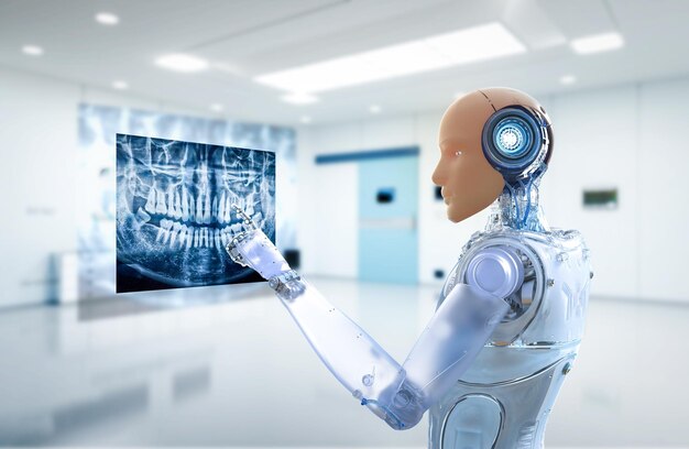 Medizinisches Technologiekonzept mit AI-Roboter analysiert Röntgen-Zähntomographie