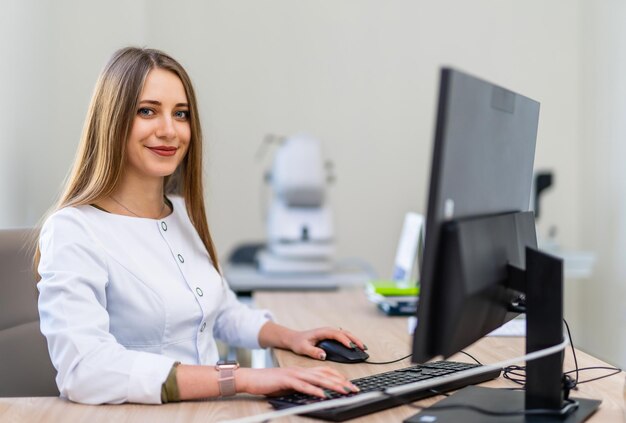 Medizinisches Thema Ärztin im MRT-Büro im Diagnosezentrum im Krankenhaus Medic sitzt in der Nähe des Computermonitors