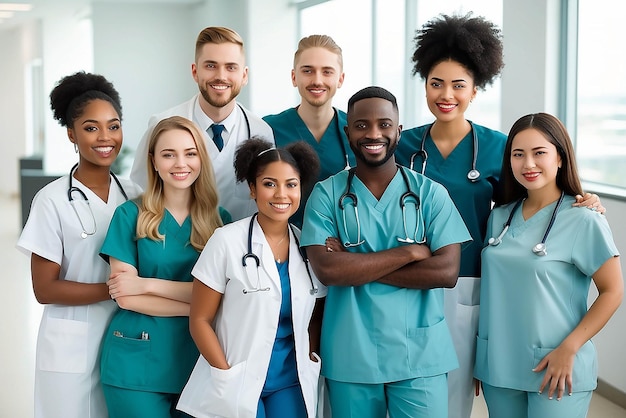 Medizinstudentengruppenleiter und Klinikporträt mit Glück Vielfalt oder Solidarität für die Gesundheitsversorgung Krankenschwester schwarzer Mann und Frau für Motivation Dienst oder Zusammenarbeit im Krankenhaus für das Lernen