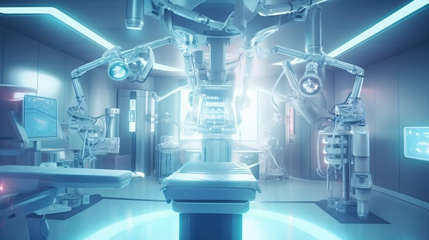 Medizintechnikkonzept mit 3D-Rendering-Chirurgieroboter im Operationssaal