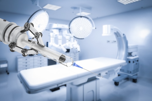 Foto medizintechnikkonzept mit 3d-rendering-roboterhandspritze im operationssaal