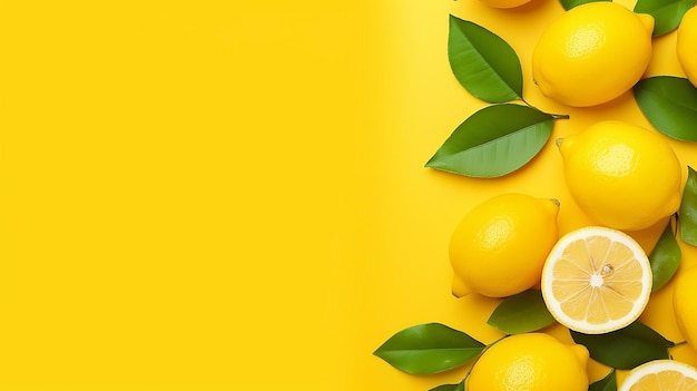Medley de cítricos limones jugosos naranjas y hojas verdes en un fondo brillante