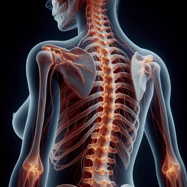 Foto la médula espinal femenina, las vértebras de los vertebrados l1, l2, l3, la columna vertebral, el tórax cervical, el lumbar, el sacro, el cocígeo.