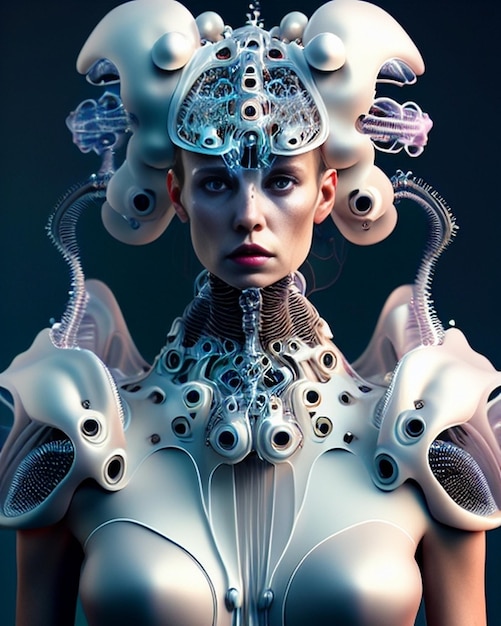 Medusa Android em um vestido transparente, senhora futurista, futuro, moda