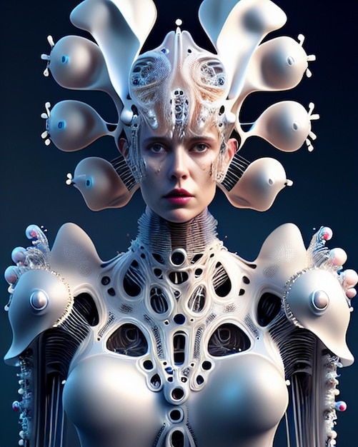 Medusa androide con un vestido transparente, dama futurista, futuro, moda.