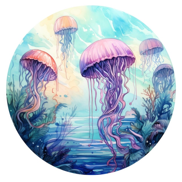 Medusa em uma paisagem subaquática em círculo