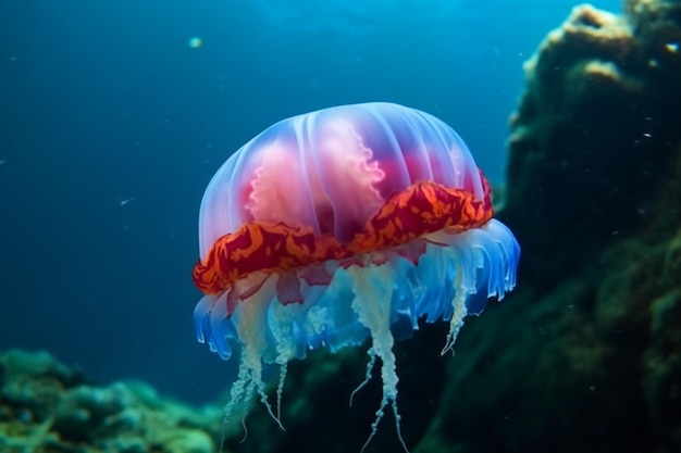 Una medusa está en el agua con una franja roja.