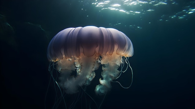 Una medusa flota en la oscuridad.