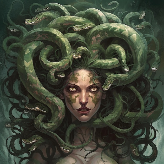 Medusa Gorgon gruseliges Fabelwesen Frau mit Schlangen auf dem Kopf Albtraum Mystik Horror
