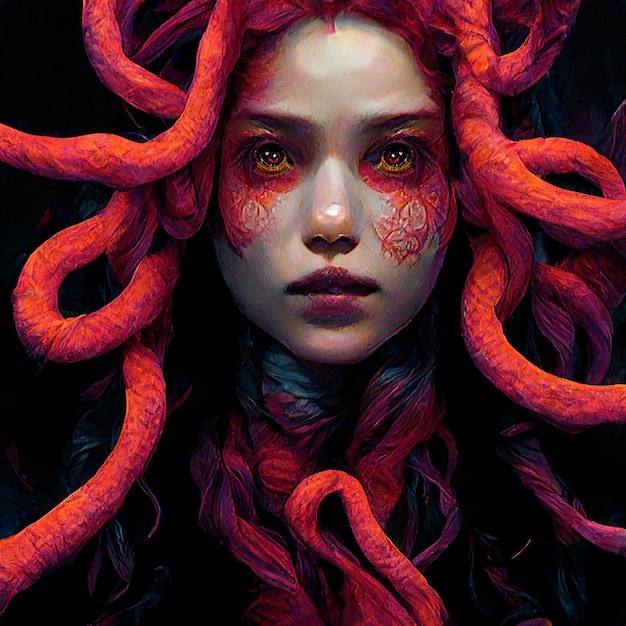 Medusa-Monster, Gesicht der Gorgon-Kunst des Bösen mit Schlangen auf Haaren