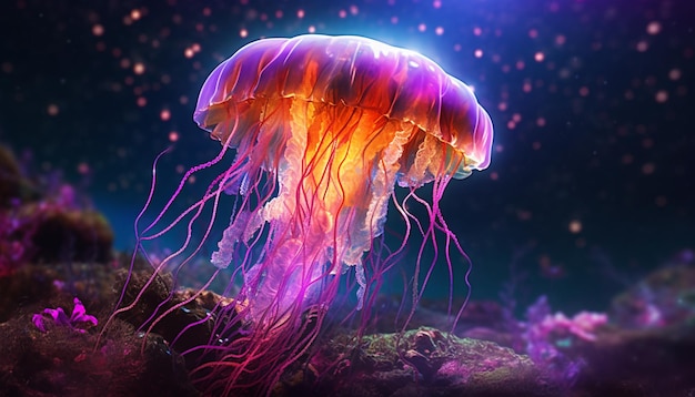 Una medusa morada está en el agua con las palabras "medusa" en el fondo.