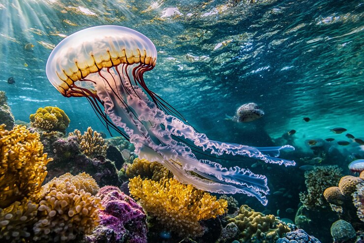 Una medusa nada elegantemente por encima de los vibrantes corales en un entorno submarino iluminado por el sol