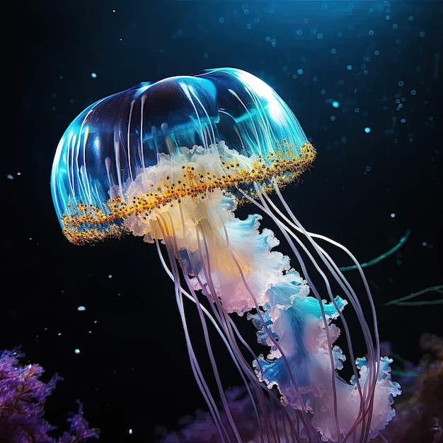 Una medusa nadando en un acuario con un fondo negro