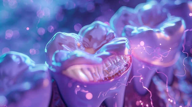 una medusa púrpura con una boca en forma de corazón y dientes Día Nacional de los Dientes del Amor proteger los dientes y pa