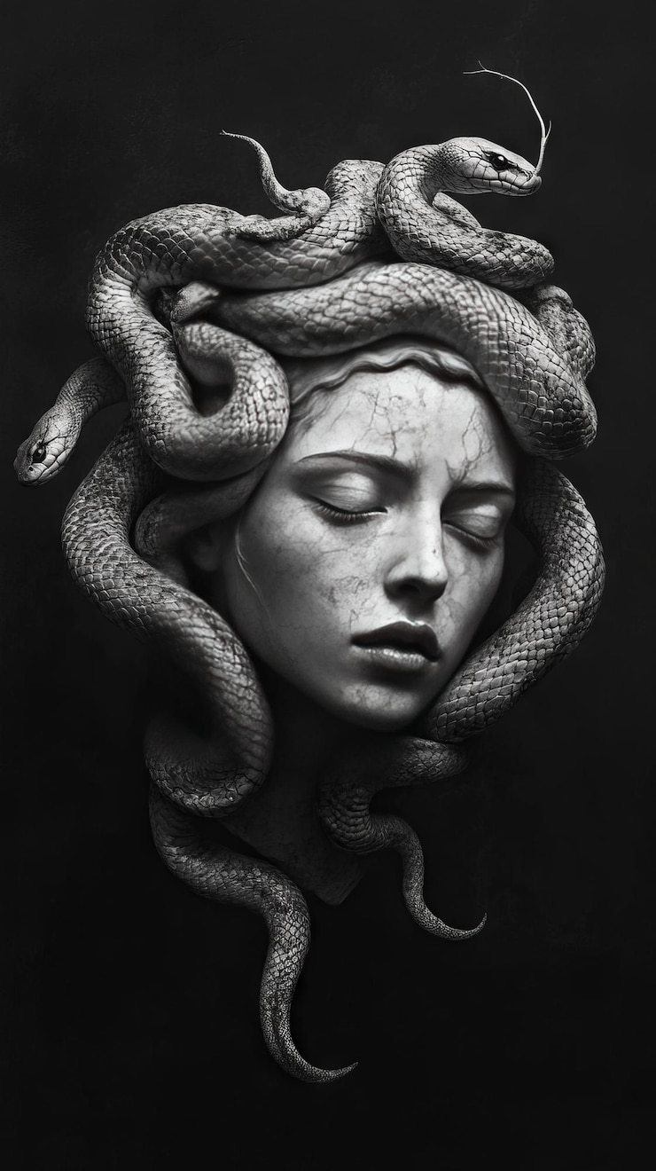Foto medusa con serpientes en su cabello en forma de estatua realismo fantástico realismo clásico