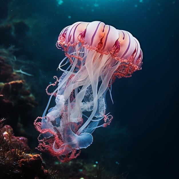 una medusa translúcida con largos tentáculos que flotan cerca de un arrecife de coral