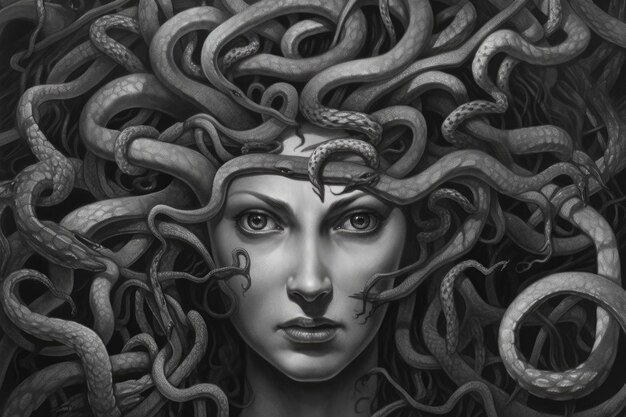 Medusa39s Blick eindringliches Porträt einer Frau im Stil der antiken griechischen Kunst, inspiriert vom Mythos